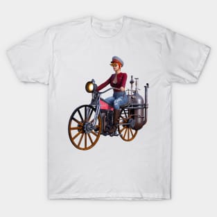 Steampunk woman on steam motorcycle T-Shirt